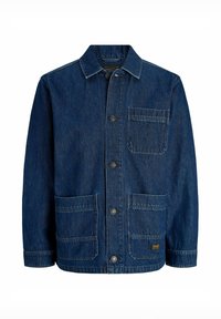 Σκούρο μπλε denim μπουφάν με τρία μπροστινά κουμπιά, μία τσέπη στο στήθος, δύο κάτω επιθετικές τσέπες και κλασικό γιακά.