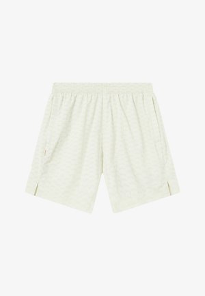 Pantaloni corti verde chiaro con un motivo logo discreto stampato su tutta la superficie, vita elasticizzata, tasche laterali e fessure ai lati dell'orlo per facilitare i movimenti.