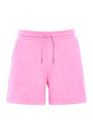 Pantalones cortos de mezcla de algodón rosa con cintura elástica y cordón, que cuentan con dos bolsillos delanteros y una textura suave.