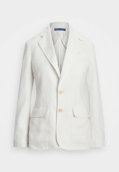 White linen blazer featuring a notched lapel, two front pockets, and two wooden buttons. Tailored fit with a smooth texture.