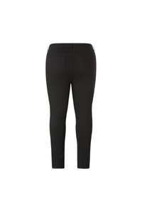 Zwarte skinny jeans met een gladde textuur, voorzien van een hoge taille, twee achterzakken en zonder zichtbare hardware of versieringen.