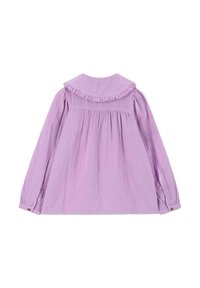 Lilac long-sleeve blouse featuring ruffled collar, gathered back design, and buttoned cuffs, made from lightweight fabric.