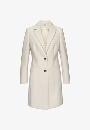 Double-breasted coat in cream wool blend, featuring a notched collar, two front pockets, and brown button accents. Smooth texture.