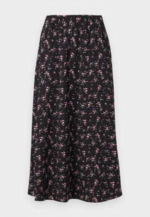 Jupe midi noire avec taille élastique et petit motif floral rose uniformément réparti sur le tissu.
