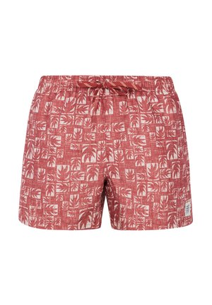 Shorts de bain à motifs rouges avec un design de feuilles tropicales en blanc. Taille élastique avec cordon de serrage, fabriqués en tissu léger.