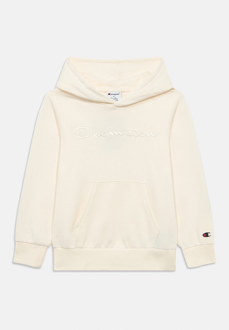 Φούτερ με κουκούλα σε εκρού χρώμα, κατασκευασμένο από μαλακό ύφασμα, με κεντημένο λογότυπο "Champion", μπροστινή τσέπη τύπου καγκουρό και ριπ τελειώματα.