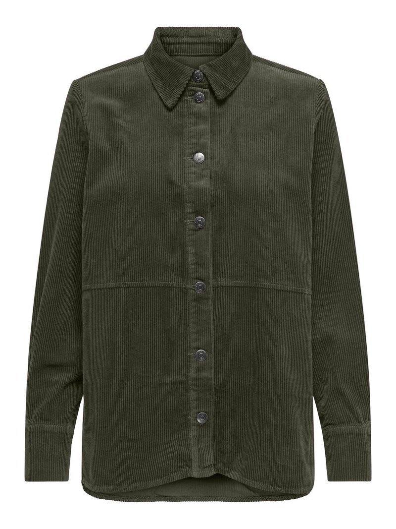 Camisa de ganga verde com frente abotoada, colarinho pontiagudo e mangas longas. Apresenta um tecido texturizado e bainha arredondada.