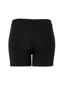 Black cotton blend shorts with a smooth texture, high waist, and a fitted silhouette, featuring a simple and streamlined design.