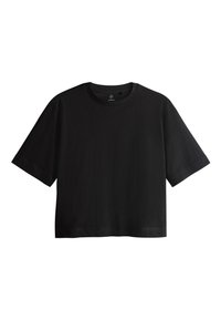 T-shirt court noir à manches courtes avec un col rond, présenté sur un fond blanc.