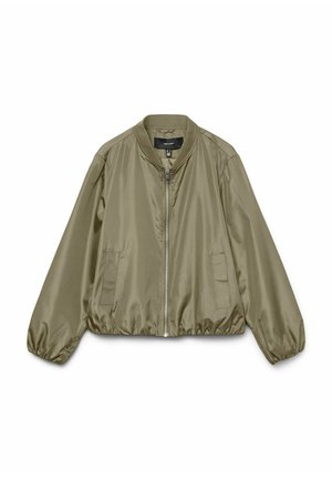 Olivengrøn bomberjakke lavet af blankt stof, med lynlås foran, elastiske manchetter og to sidelommer. Glat tekstur og kort design.