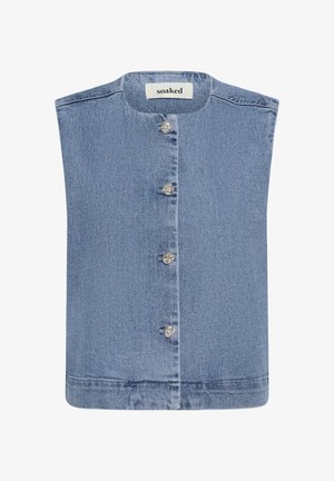 Bezrukávová modrá denimska vesta s okrúhlym výstrihom, zapínaním na gombíky vpredu a striebornými gombíkmi ako akcentmi. Čistý, jednoduchý dizajn.