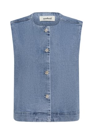 Bezrukávová modrá denimska vesta s okrúhlym výstrihom, zapínaním na gombíky vpredu a striebornými gombíkmi ako akcentmi. Čistý, jednoduchý dizajn.