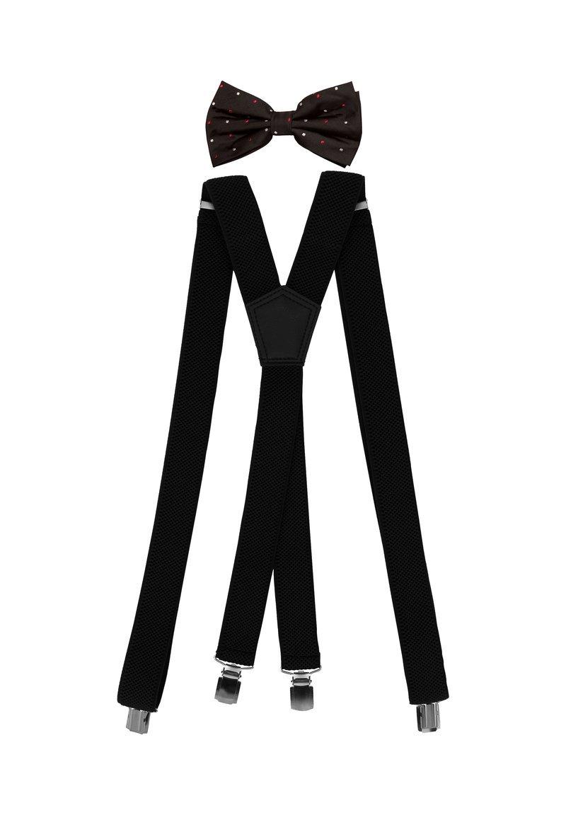 Schwarze elastische Hosenträger mit Metallclips, die mit einer dunklen Fliege mit roten und weißen Punkten oben versehen sind. Strukturierter Stoff.