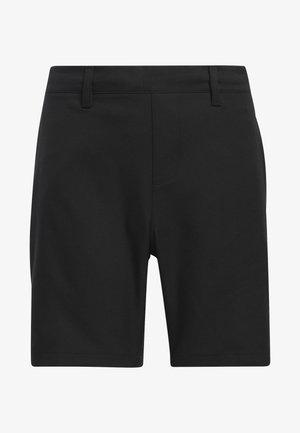 Black shorts made from a smooth, lightweight material. Features a flat front, belt loops, and a tailored fit with no prominent patterns.