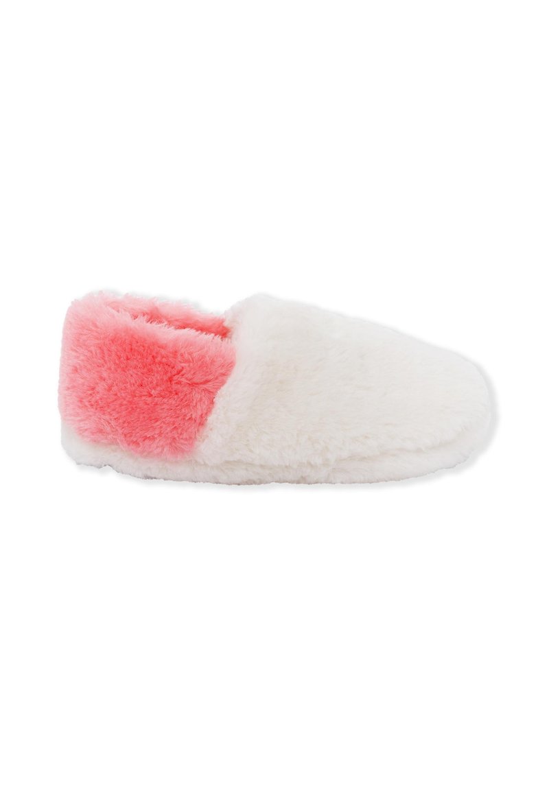 Pantofole morbide e pelose con una parte frontale bianca e un tallone rosa, progettate per l'uso interno, mostrate di lato su uno sfondo bianco.