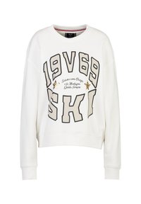 Weißer Sweatshirt mit lässigem Schnitt, Rundhalsausschnitt und langen Ärmeln. Merkmale große schwarze und goldene Schrift "1969 SKI" sowie zusätzliche Druckdetails.