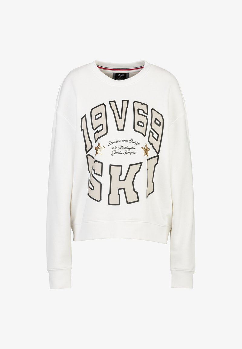 Witte sweatshirt met een losse pasvorm, ronde hals en lange mouwen. Kenmerkt zich door grote zwarte en gouden tekst "1969 SKI" en extra bedrukte details.
