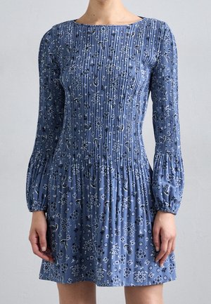 Blue floral dress made of soft fabric, featuring long puff sleeves, a round neckline, gathered detailing, and a patterned design with various flowers.
