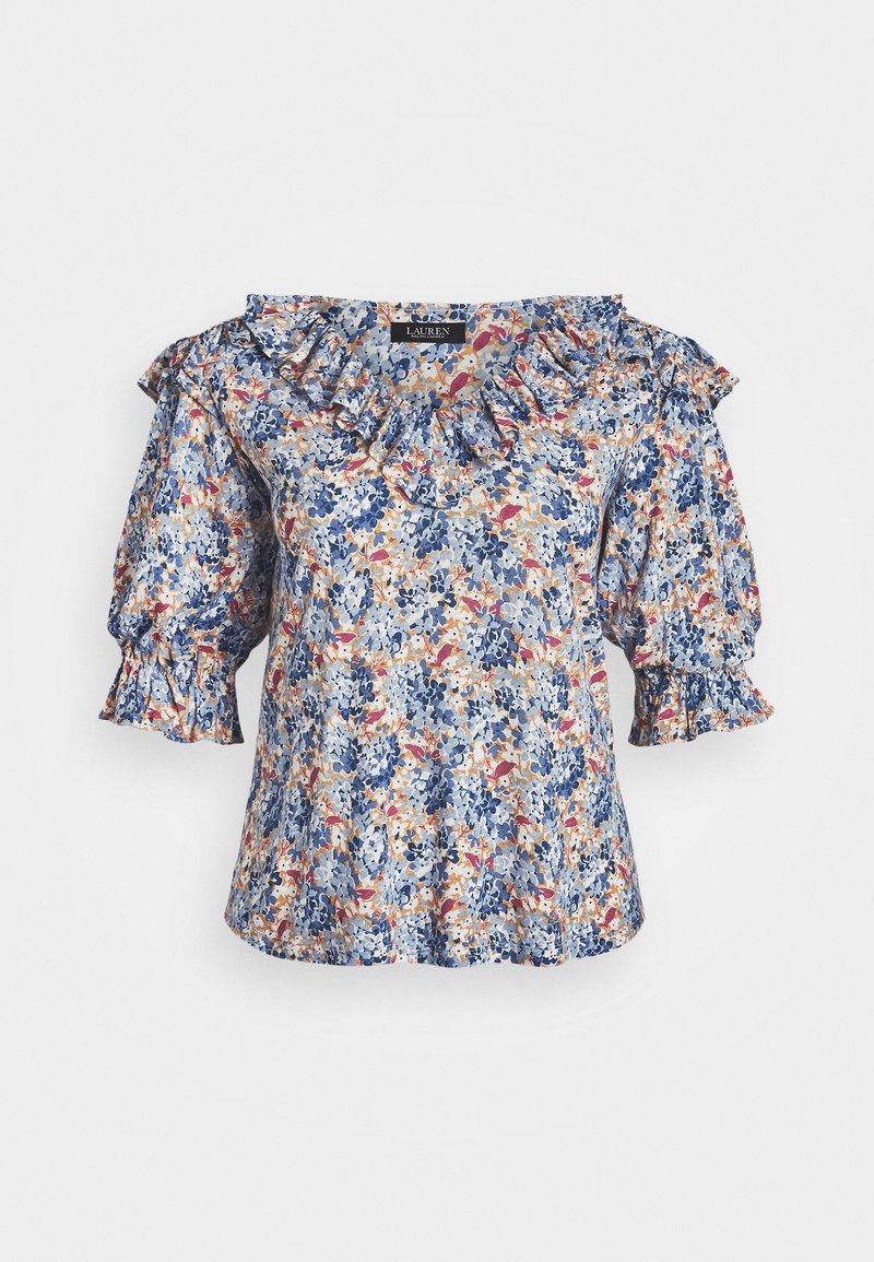 Floral-patterned blouse with a ruffled neckline and puff sleeves. Blue, orange, and cream colors on lightweight fabric.