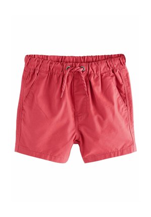Pantaloni da nuoto rossi con vita elasticizzata, cordino regolabile e due tasche laterali; realizzati in un materiale leggero e liscio.