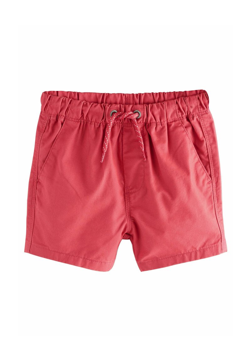 Pantaloni da nuoto rossi con vita elasticizzata, cordino regolabile e due tasche laterali; realizzati in un materiale leggero e liscio.