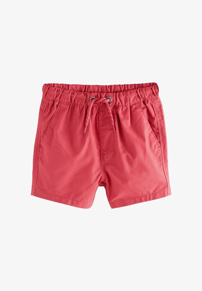 Red swim shorts featuring an elastic waistband, adjustable drawstring, and two side pockets; made from a lightweight, smooth material.