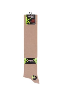 Calze in bambù di colore beige chiaro, con una texture liscia, forma affusolata e un'etichetta nera con grafiche di bambù verdi.