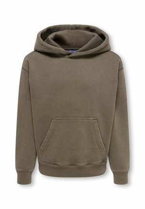 Sweat à capuche marron type pull-over avec poche kangourou à l'avant, manches longues, poignets côtelés et bord-côte à la taille sur fond blanc.