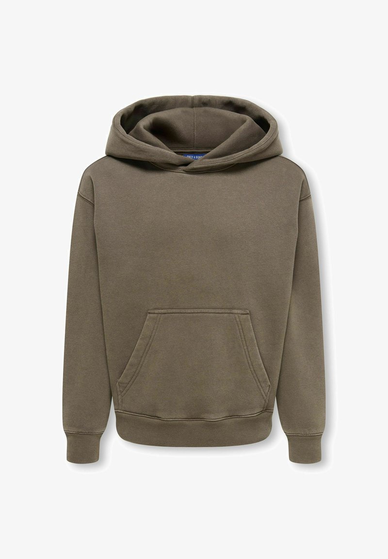 Sweat à capuche marron type pull-over avec poche kangourou à l'avant, manches longues, poignets côtelés et bord-côte à la taille sur fond blanc.