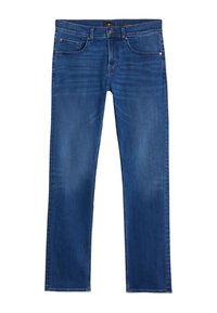 Niebieskie jeansy o prostych nogawkach wykonane z denimu, z klasycznym pięciokieszeniowym wzorem, subtelnym wyblaknięciem oraz zamkiem błyskawicznym i zapięciem na guzik.