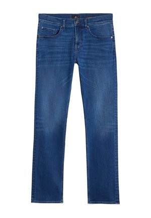 Blaue Jeans mit geradem Bein aus Denim, mit klassischem Fünf-Taschen-Design, dezentem Verblassen und Reißverschluss mit Knopfverschluss.