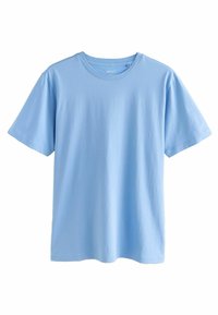 Tricou din bumbac de culoare albastru deschis, cu mâneci scurte, guler rotund și o textură netedă, având un design minimal și fără modele vizibile.