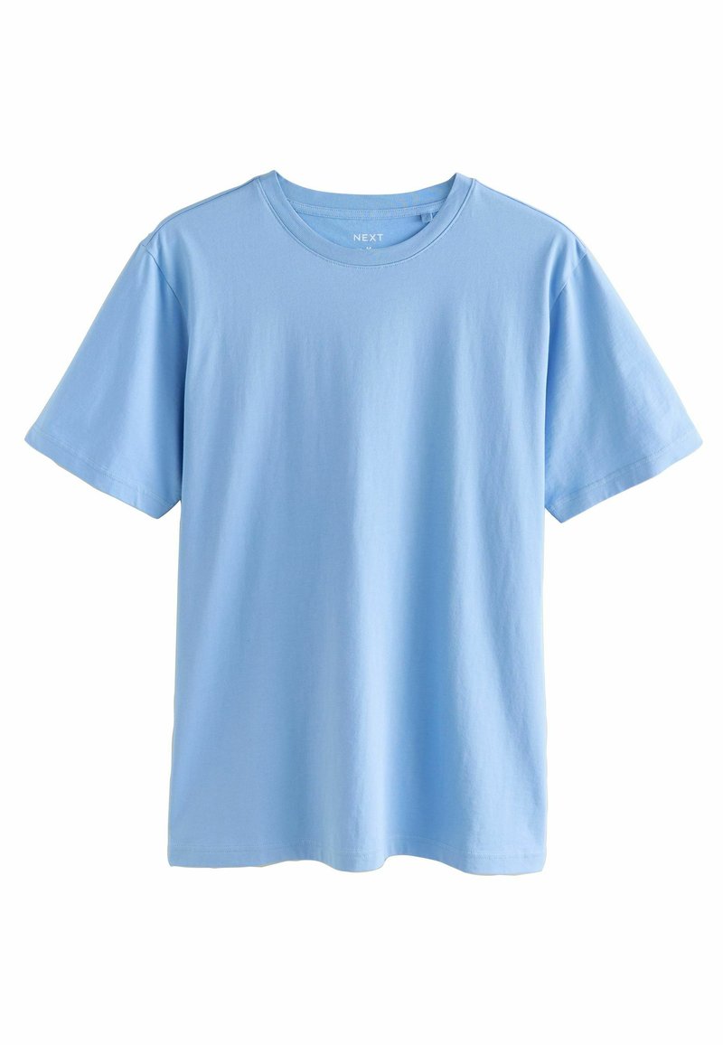 Tricou din bumbac de culoare albastru deschis, cu mâneci scurte, guler rotund și o textură netedă, având un design minimal și fără modele vizibile.