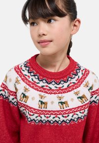 Pull en tricot rouge avec un empiècement blanc orné de rennes et de motifs géométriques. Encolure ronde et tissu texturé.