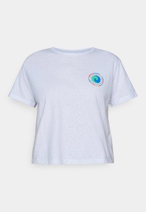 White cotton t-shirt with a crew neck and short sleeves. Features a circular multicolored logo on the left chest. Relaxed fit.