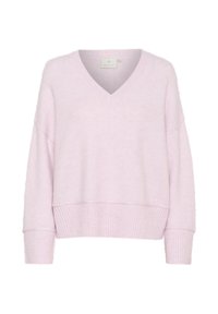 Pull en tricot rose clair avec un décolleté en V, un ourlet côtelé et une coupe décontractée. Présente des épaules dropées et de longues manches avec des poignets côtelés.