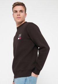 Brun sweatshirt med ribbet rund hals, med "Tommy Hilfiger"-logo og horisontal trikolorpanel. Kombinert med lyseblå jeans.