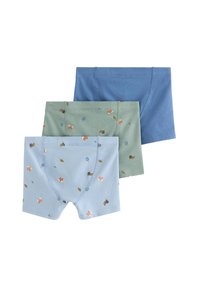 Tre par boxershorts i blå, grøn og lyseblå. De lyseblå og grønne par har små, farverige blade- og dyremønstre.