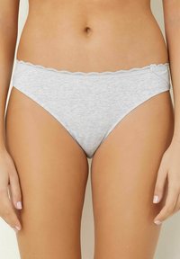 Gray cotton panties with a scalloped lace waistband, featuring a smooth texture and a classic brief design. No additional patterns or accents.