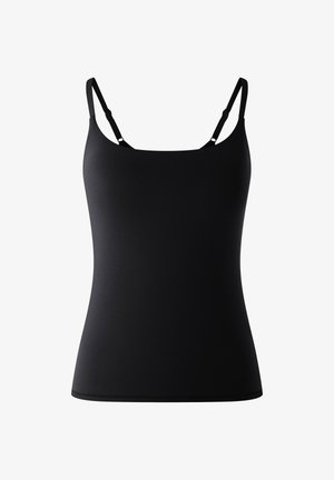 Black tank top with adjustable straps. Made from smooth, stretchy fabric. Simple design with a fitted shape and no embellishments.