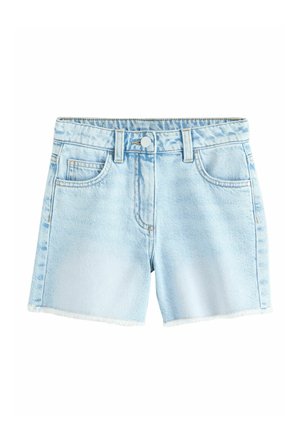 Pantaloni scurți din denim albastru deschis, cu închidere cu nasture, bucle pentru curea, buzunare frontale și pentru monede, și margini tiv netăiate.