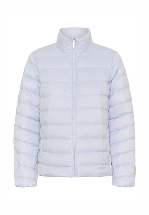 Light blue puffer jacket with a stand-up collar, full front zipper, and horizontal quilted design. Soft, smooth texture and minimal accents.
