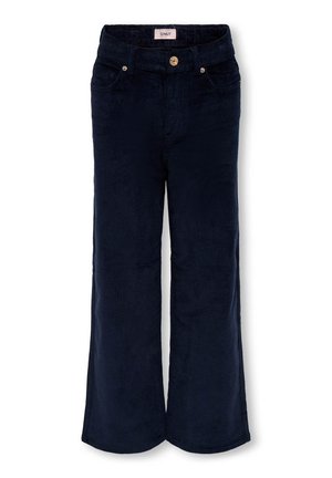 Pantalon en velours côtelé bleu marine à jambes larges, doté de poches avant, d'une fermeture à bouton et d'une surface douce et texturée.