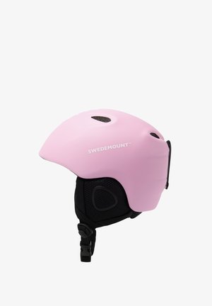 Casco da sci rosa con finitura opaca, cinturino regolabile, fori di ventilazione e imbottitura nera all'interno e sui lati.