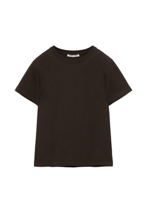 Plain black short-sleeve crew neck t-shirt laid flat, with visible collar tag.