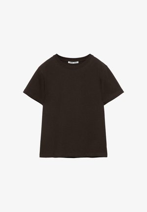 Egyszerű fekete, rövid ujjú, kerek nyakú póló, laposan elrendezve, jól látható gallércímkével.