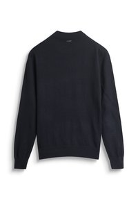 Maglione nero a maniche lunghe, realizzato in maglia con scollo rotondo, caratterizzato da una superficie liscia e da polsini e orlo a costine, mostrato da dietro.