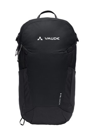 Zaino nero VAUDE con manico superiore, cerniere laterali e pannello frontale con etichetta "WIZARD 18+4" per escursioni o uso quotidiano.