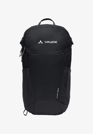 Sac à dos noir VAUDE avec poignée supérieure, fermetures éclair latérales et panneau avant étiqueté "WIZARD 18+4", idéal pour la randonnée ou un usage quotidien.