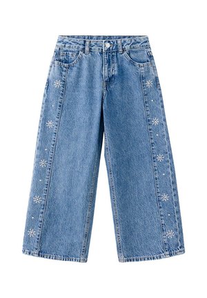 Jean en denim bleu à jambes larges, taille haute, poches avant, fermeture à boutons et petits motifs floraux blancs le long des coutures extérieures.